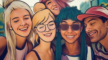 A group of individuals standing together, each depicted in an exaggerated and comedic manner through caricatures. The caricatures showcase unique features and expressions of the people portrayed. - obrazy, fototapety, plakaty