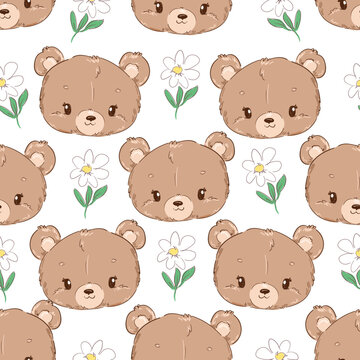 Hand Drawn Cute Teddy Bears and flowers seamless pattern vector illustration