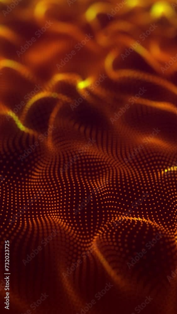Wall mural orange color abstract particle foam field waving smoothly like fluid. waving particles motion graphi