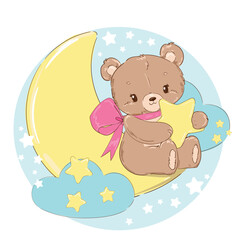Hand Drawn Cute Bear and moon Vector Illustration, Woodland animal, Print for childrens