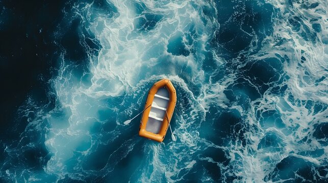 A lone orange lifeboat adrift in the vast blue ocean. striking contrast and a sense of isolation captured from above. evocative and serene. AI