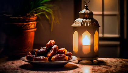 Festive Ramadan Moments: Close-Up of Dates with Lantern Glow on Wooden Surface, Generative ai