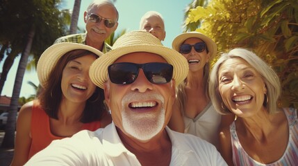 Senior Friends Enjoying Outdoor Selfie - Pensioners Smiling, Embracing Summer Holiday Fun - Lifestyle Concept of Elderly Friendship and Joyful Moments Captured with Smartphone,