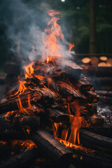 smoke rising, burning logs, smoking food
