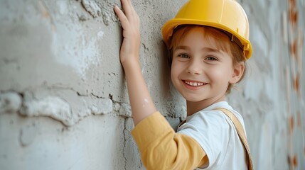 outhful builder: Smiling child near a white wall, exploring career possibilities