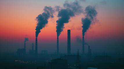 Fototapeta premium Golden sunset illuminating industrial smokestacks, emitting plumes of smoke, a stark contrast of natural beauty and industrial impact