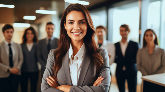 Smiling attractive confident professional woman posing at her business office with her coworkers and employees in the background