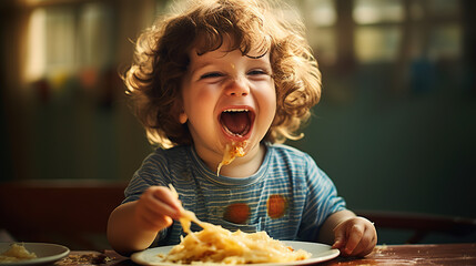 portrait of dirty baby boy with curly hair making funny faces and eating cheese sandwich, carefree sweet peaceful life