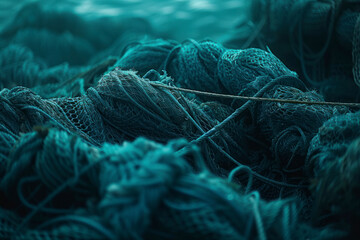 A pile of commercial fishing nets, blue green and white.