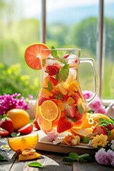 A pitcher and glass filled with a vibrant summer beverage or lemonade, accompanied by fruits