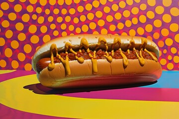A solitary chili hot dog set against a pop-art backdrop