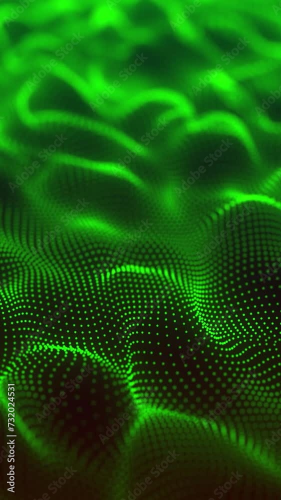 Wall mural green color abstract particle foam field waving smoothly like fluid. waving particles motion graphic