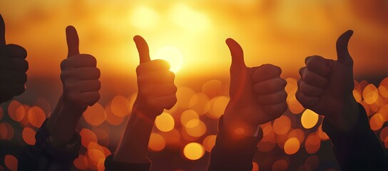 Silhouetted hands giving thumbs up against a warm sunset. concept of approval and positivity. perfect for background use. AI