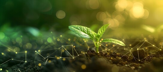 Young plant sprouting with vitality in fertile soil against a backdrop of golden sunlight. symbol of growth and eco-friendliness. perfect for nature themes. AI - obrazy, fototapety, plakaty