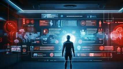 silhouette of a man looking at the wall with information holograms. new technologies in data processing and analysis. Generative AI - Powered by Adobe