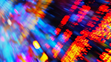 brightly colored lights shining city street displaying stock charts background full head shoulders tv screens blurred trading depots