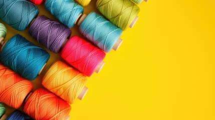 Vibrant sewing threads beautifully arranged on a yellow background - obrazy, fototapety, plakaty