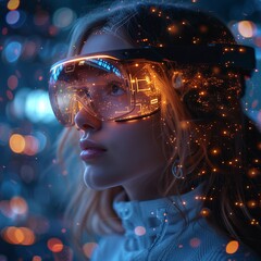 girl wearing virtual reality glasses with a VR head unit shrouded in digital data and neural networks. Bokeh and digital space background. Concept: symbol of immersion in the technological world