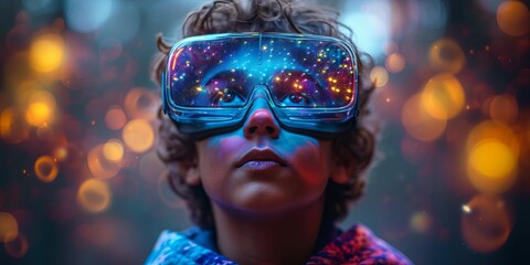 Child wearing virtual reality glasses with holograms and bokeh. Concept: future technologies, learning and play with imagination, exploration of infinite space. Banner with copy space - obrazy, fototapety, plakaty