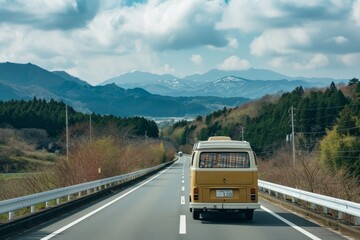 A camper van travels down a highway