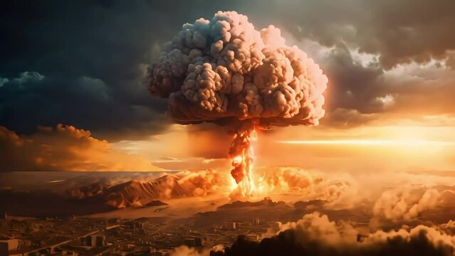 nuclear huge explosion in the city, aerial view. slow motion. Generative AI