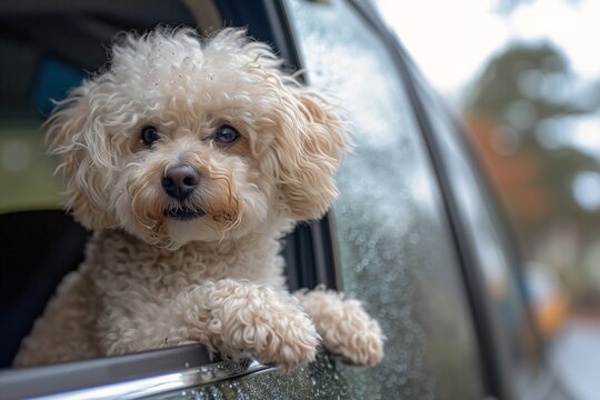 dog looking out car window paw long puffy curly hair raining outside princess smiling viewed cars driving wind swept