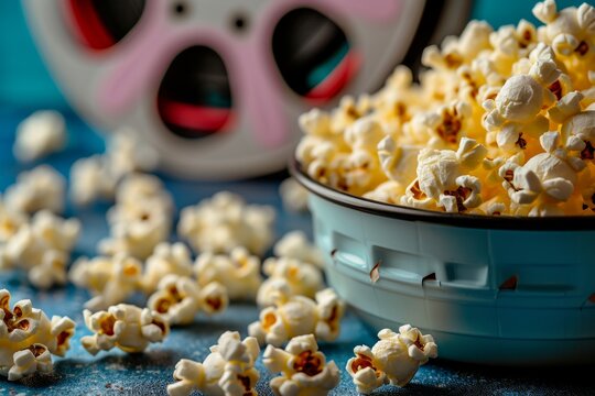 A movie reel and popcorn
