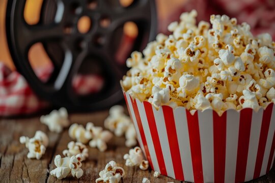 A movie reel and popcorn