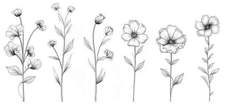 doodle summer meadow plants and insects in a line art style.
