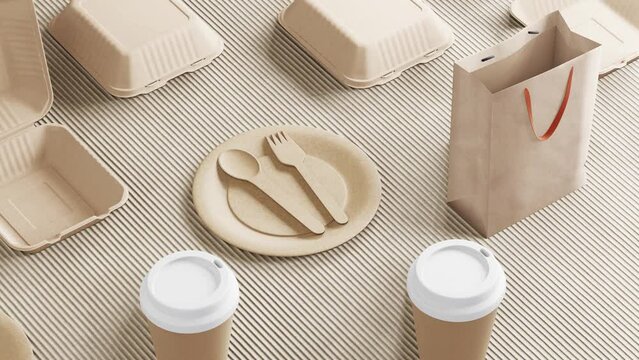A set of eco-conscious tableware including a paper bag, food containers, utensils, and a cup displayed on corrugated cardboard.