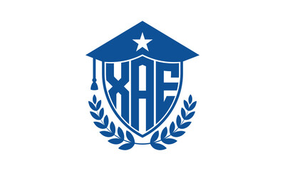 XAE three letter iconic academic logo design vector template. monogram, abstract, school, college, university, graduation cap symbol logo, shield, model, institute, educational, coaching canter, tech