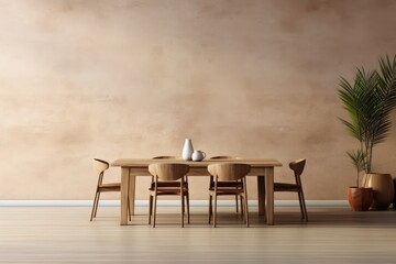 Light brown dining room mockup with a dining table set and parquet flooring, decorated with plant pots, with a beige empty wall