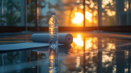 A reflective gym floor with a single yoga mat and a water bottle, capturing the tranquility and focus required for a mindful yoga practice. - obrazy, fototapety, plakaty