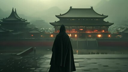 A black-clad futuristic warrior in the Forbidden City in Beijing. Generative AI	