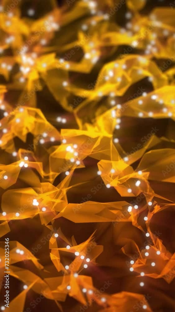 Wall mural orange color abstract particle foam field waving smoothly like fluid. waving triangles particles mot