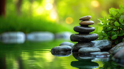 Obraz na płótnie Canvas Zen stones on the water, balance meditation, harmony wellness life and spa concept