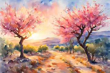 Watercolor painting of the blooming almond trees on Mallorca, Spain at twilight