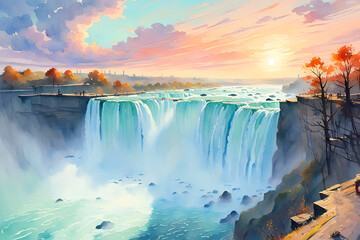 Watercolor painting of the Niagara falls, North America at twilight