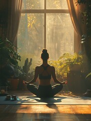 A serene, focused individual practicing yoga in a sunlit studio, the warmth of the light highlighting the peacefulness and flexibility of the pose, with gym props subtly visible.