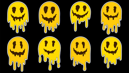 Melting smiles sticker set. Cute cartoon melted yellow smiling face avatars with outline. Funny faces in trippy acid rave style. - 732025366