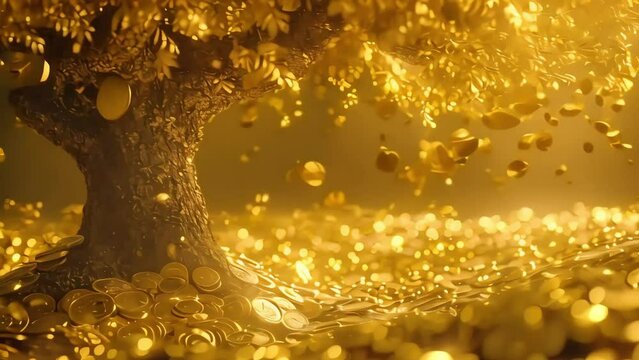 a golden money tree laden with coins. A symbol of profit and wealth. Generative AI