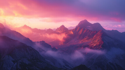 Sunset over mountain range, creating graduating toes of mountain tops and rigs