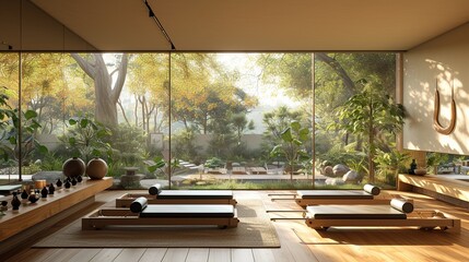 A serene pilates studio with reformers set against large windows overlooking a garden, blending the calm of nature with the focus of exercise.