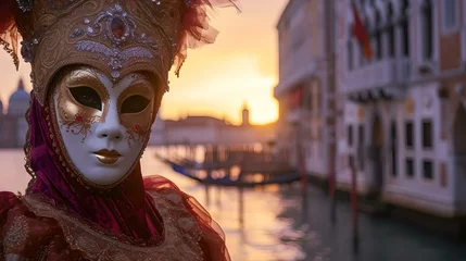 Foto op Canvas Enigmatic venetian mask at sunset, a glimpse of venice in twilight. carnival spirit captured, venetian culture and history. AI © Irina Ukrainets
