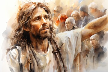 Jesus carrying the cross, digital watercolor painting illustration in religious art style - obrazy, fototapety, plakaty