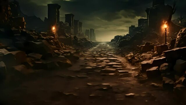 a cobblestone path wiped out by an earthquake in an ancient city. Generative AI
