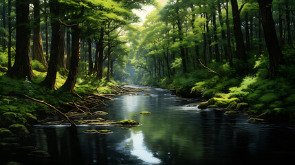 A winding river cutting through a dense forest, surrounded by towering trees and reflected in the water.