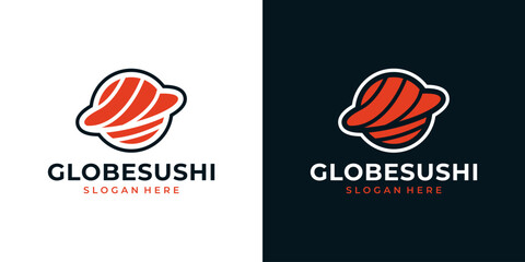 International sushi logo design template. Sushi logo with globe graphic design vector. Symbol, icon, creative. - obrazy, fototapety, plakaty