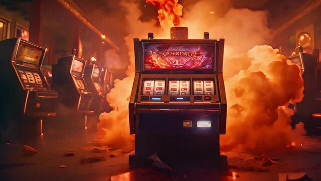 a slot machine in a casino, dramatic lighting and smoke. an atmosphere of mystery and excitement. Generative AI