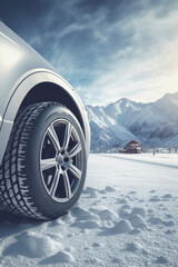 Fototapeta na wymiar Wheel on winter tires in winter on the background of mountains